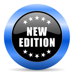 New edition black and blue web design round internet icon with shadow on white background.