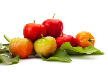 Acerola cherry of thailand, White background, Select focus, Barbados cherry