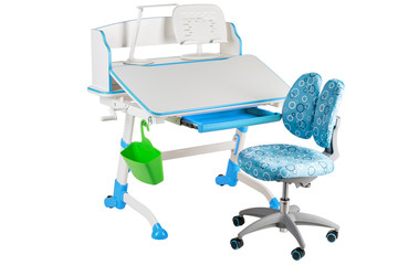 Blue chair, blue school desk, green basket and desk lamp