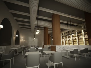 sketch design of   interior restaurant, 3d rendering
