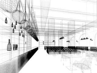sketch design of   interior restaurant, 3d rendering