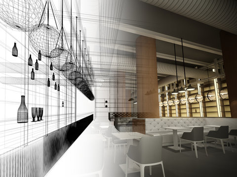 Sketch Design Of   Interior Restaurant, 3d Rendering