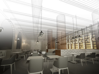 sketch design of   interior restaurant, 3d rendering