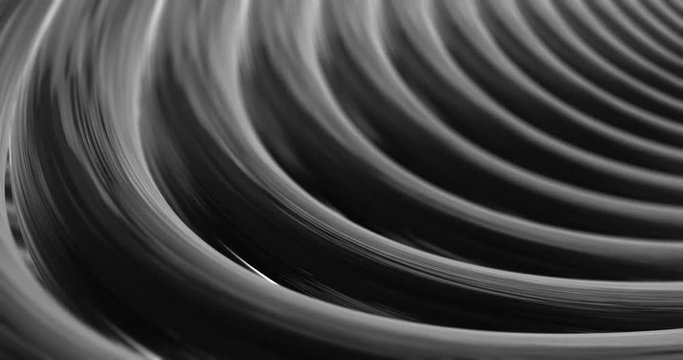 Abstract 4K background seamless loop of steel curves and texture with reflection of animated light and environment. 3D model of metal,  metallic technologies and industrial metal, reflecting light.
