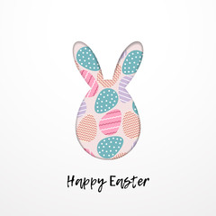 Easter Bunny Vector illustration Easter card template in paper art Easter bunny silhouette filled pattern of painted eggs on white background with the inscription Happy Easter