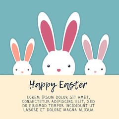 Easter Bunny Vector illustration Three cute bunnies hiding behind the banner with the inscription Happy Easter Cartoon style
