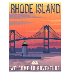 Rhode Island travel poster or sticker. Vector illustration of Newport Bridge and harbor light at sunrise.