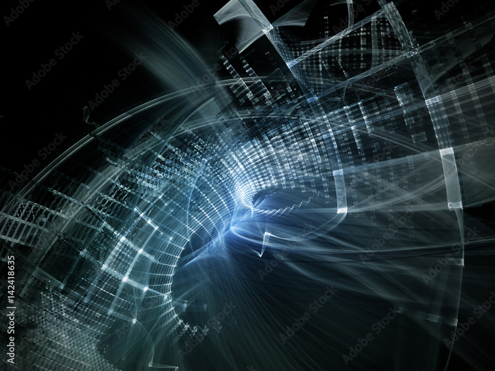 Fototapete Abstract computer graphics background. Composition of grids, curves and motion blur. Blue and black colors.