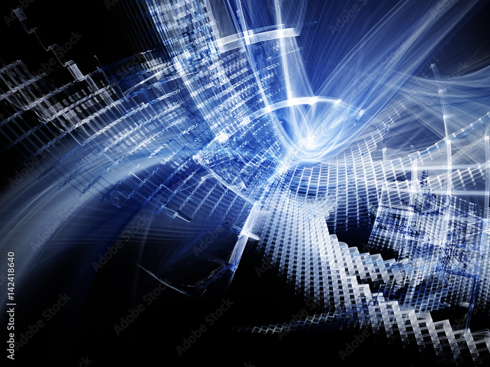 Fototapete Abstract computer graphics background. Composition of grids, curves and motion blur. Blue and black colors.