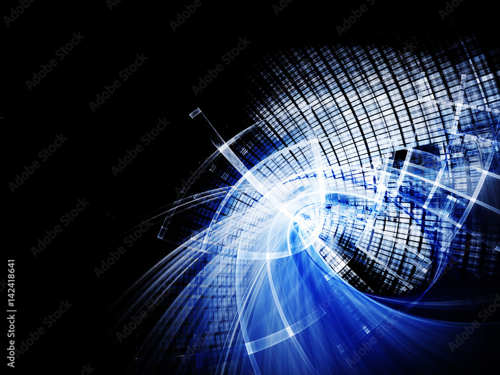 Fototapete abstract computer graphics background. composition of grids, curves and motion blur. blue and black 