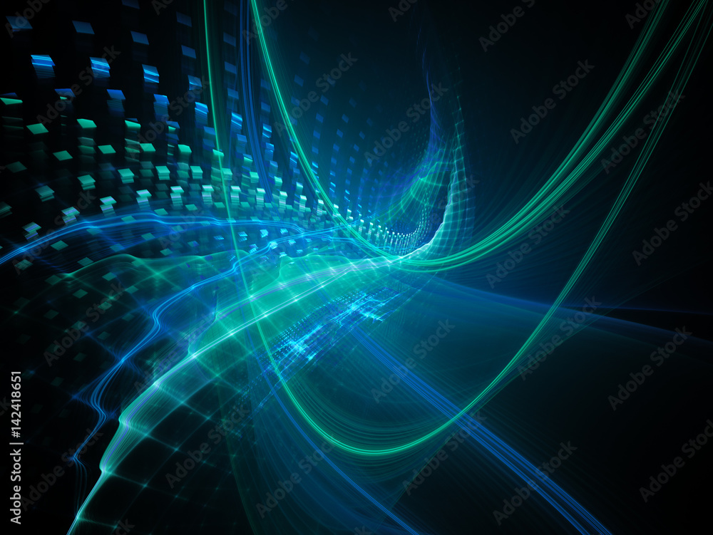 Aufkleber Abstract background element. Fractal graphics series. Three-dimensional composition of intersecting grids, lines and blurs. Information technology concept. Blue and black colors.