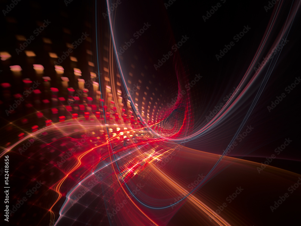 Poster abstract background element. three-dimensional composition of wave shapes, grids and particles. scie