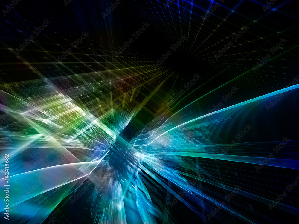 Poster Abstract background element. Three-dimensional composition of repeating grids. Information technology concept. Blue and black colors.