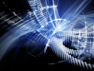 Abstract computer graphics background. Composition of grids, curves and motion blur. Blue and black colors.