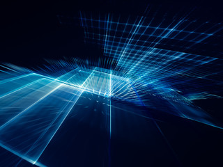 Abstract background element. Fractal graphics series. Three-dimensional composition of intersecting grids. Information technology concept. Blue and black colors.