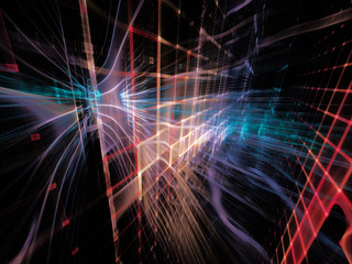 Obraz premium Abstract background element. Three-dimensional composition of wave shapes, grids and beams. Electronics and media concept. Red, blue, orange colors on black.