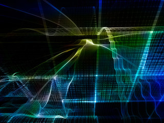 Abstract background element. Three-dimensional composition of repeating grids. Information technology concept. Blue and black colors.