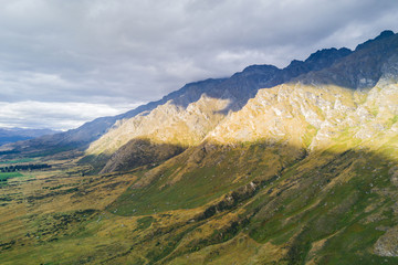 Aerial view of mountains at sunset, Queenstown, New Zealand.