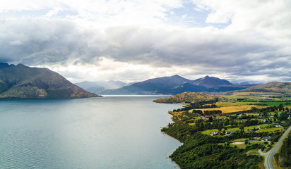 Aerial view of Mountains over remote river, Glenorchy, Central Otago, New Zealand
