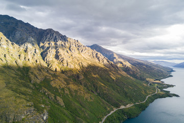 Aerial view of mountains at sunset, Queenstown, New Zealand.