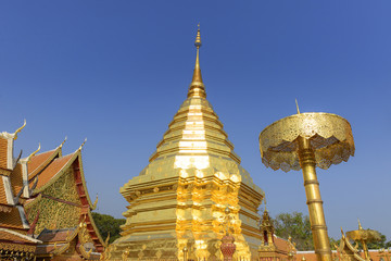 Phra That Doi Suthep temple,landmark for tourist at Chiang Mai,Thailand.Most favorite landmark for travel Phra That Doi Suthep temple with the blue sky