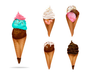 Ice cream collection: chocolate, vanilla, cream,scoops, waffle cone, different colors and forms. Hand drawn elements, vector illustration, editable elements, 3d tasty set, isolated on white background