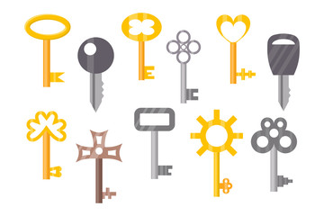 Vintage or antique door key isolated access household tool retro metal security house protection and decorative skeleton ornate secret sign vector illustration.