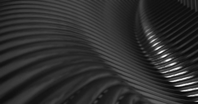 Abstract 4K background seamless loop of steel curves and texture with reflection of animated light and environment. 3D model of metal,  metallic technologies and industrial metal, reflecting light.