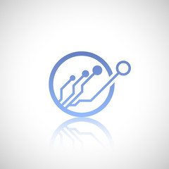 Blue technology logo with reflect. Electronics.