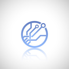 Blue technology logo with reflect. Electronics.