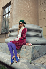 Fashion portrait of college student girl at campus outdoors