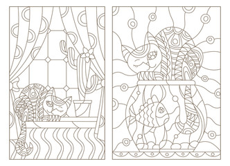 Fototapeta na wymiar Set contour illustration in stained glass style window with curtains and a cactus and a cat on the windowsill