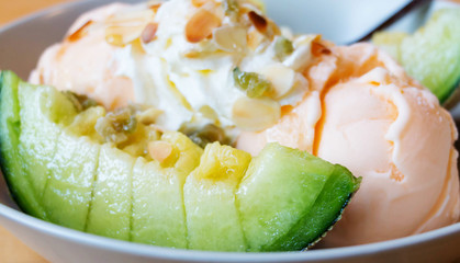 green melon in ice cream bowl