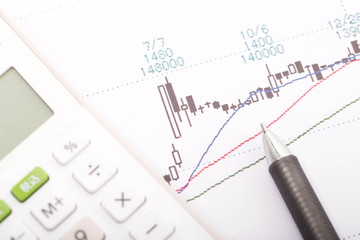 Stock market graph with calculator and pen