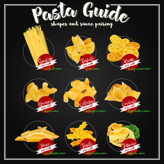 Poster set with different types of pasta in retro style stylized drawing with chalk. Vector. Different types, shapes and names.