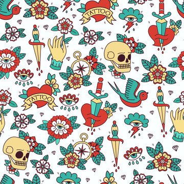 Seamless Doodle Pattern. Traditional Old School Tattoo. Vector background.