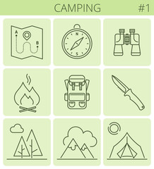 Camping, outdoor, tourism outline icons: tent, backpack, compass, mountains, campfire, knife. Vector thin line contour symbol set. Isolated infographic elements for web, presentation, social networks.