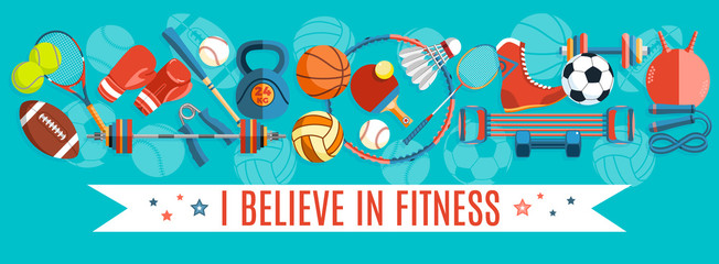 Fototapeta premium Set of sport balls and gaming items at a turquoise background. Healthy lifestyle tools, elements. Vector Illustration.