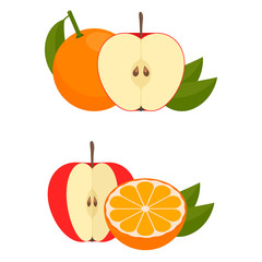 Apple and orange, vector fruit.