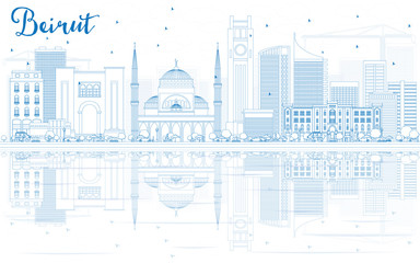 Naklejka premium Zarysuj panoramę Bejrutu z niebieskimi budynkami i odbiciami.