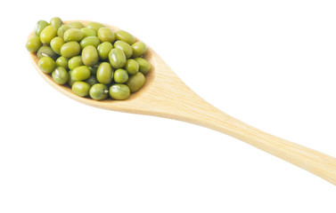 Mung Beans in Wooden Spoon Isolated on White