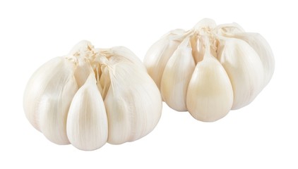 Two Garlic Bulbs and Garlic Cloves on White Background
