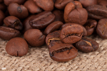 coffee beans on sackcloth close-up macro