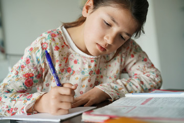 Young girl being busy doing homework