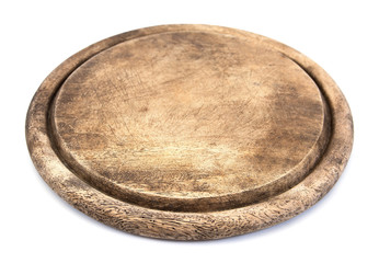 cutting board isolated on white.chopping board isolated.old round cutting board isolated