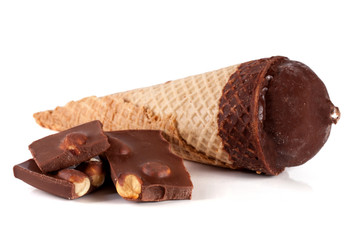 two cones of ice creams with chocolate bar isolated white background