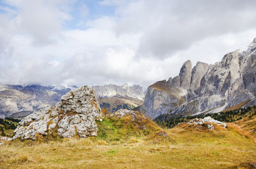 Fototapeta premium The Langkofel Group (in italian: Gruppo del Sassolungo) the massif mountain in the (western) Dolomites. View from Sella Pass. Italy, Europe.