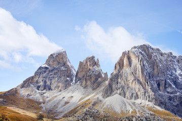 The Langkofel Group (in italian: Gruppo del Sassolungo) the massif mountain in the (western) Dolomites. View from Sella Pass. Italy, Europe.