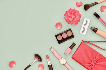 Fashion Makeup Cosmetic Set. Woman Beauty Accessories Set. Makeup Essentials. Fashion Design....