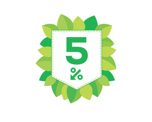 Green price tag label with 5% text designed with an arrow percent icon and stitches on it with leaves isolated on white background. For spring sale campaign.